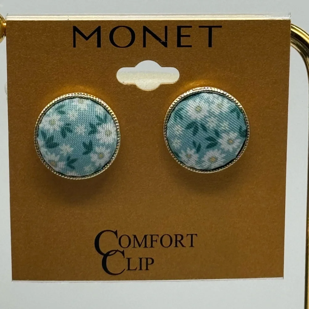 Monet Vintage Clip on Button Earrings Blue - Picture 2 of 5